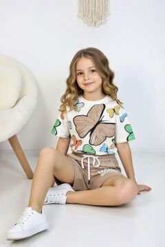 Kız Çocuk Üzeri Renkli Kelebek Baskılı Penye T-Shirt Yazı Baskılı Bej Şortlu Takım