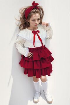 Kız Çocuk Üstü Volanlı Dantel İşlemeli Fırfırlı Bordo Etekli Takım