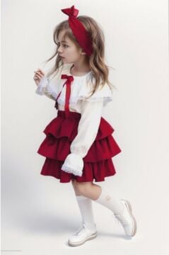 Kız Çocuk Üstü Volanlı Dantel İşlemeli Fırfırlı Bordo Etekli Takım