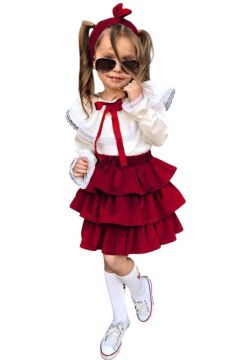 Kız Çocuk Üstü Volanlı Dantel İşlemeli Fırfırlı Bordo Etekli Takım