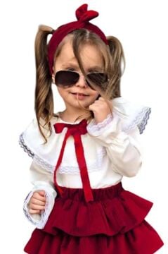 Kız Çocuk Üstü Volanlı Dantel İşlemeli Fırfırlı Bordo Etekli Takım