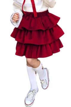 Kız Çocuk Üstü Volanlı Dantel İşlemeli Fırfırlı Bordo Etekli Takım