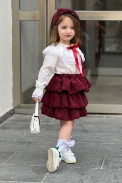 Kız Çocuk Üstü Volanlı Dantel İşlemeli Fırfırlı Bordo Etekli Takım