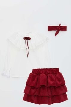 Kız Çocuk Üstü Volanlı Dantel İşlemeli Fırfırlı Bordo Etekli Takım