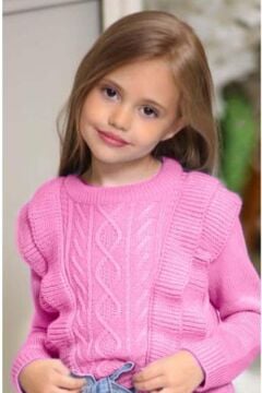 Kız Çocuk Fırfır ve Saç Örgü Detaylı Triko Bluz ve Jeans Pantolon Pembe ALt Üst takım