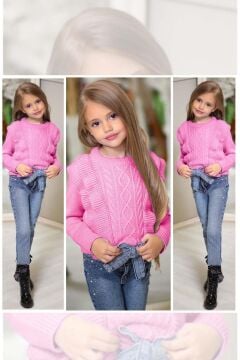 Kız Çocuk Fırfır ve Saç Örgü Detaylı Triko Bluz ve Jeans Pantolon Pembe ALt Üst takım