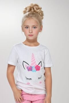 Kız Çocuk Unicorn Baskılı Tişört Boncuk İşlemeli Pembe Pantolon Alt Üst Takım