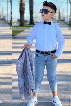 Erkek Çocuk Kırmızı Çizgili Blazer Ceket Kot Pantolon Alt Üst Takım