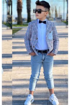 Erkek Çocuk Kırmızı Çizgili Blazer Ceket Kot Pantolon Alt Üst Takım