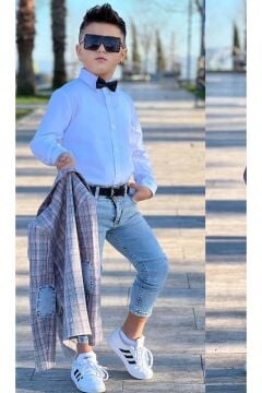 Erkek Çocuk Kırmızı Çizgili Blazer Ceket Kot Pantolon Alt Üst Takım