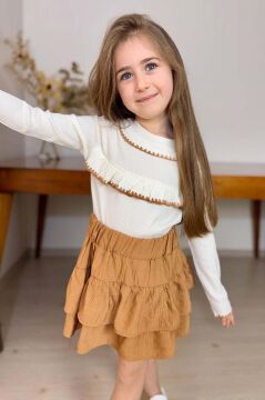 Kız Çocuk Bebe Yaka Göğsü Fırfırlı Fitilli Slim Kazak Üzeri Katkat Pliseli Kahverengi Etekli Takım