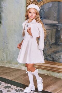 Kız Çocuk Bilekleri Tüylü Kare Desenli Hırka Göğsünde Elmas Taş Detaylı Kolsuz Beyaz Chanel Elbise