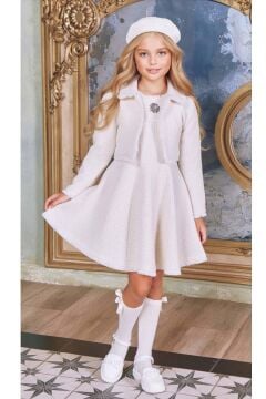 Kız Çocuk Bilekleri Tüylü Kare Desenli Hırka Göğsünde Elmas Taş Detaylı Kolsuz Beyaz Chanel Elbise