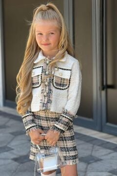 Kız Çocuk Önü Düğmeli Cep Detaylı Gömlek Ekose Desenli Kahverengi Etekli Takım  3-12 Yaş