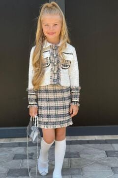 Kız Çocuk Önü Düğmeli Cep Detaylı Gömlek Ekose Desenli Kahverengi Etekli Takım  3-12 Yaş