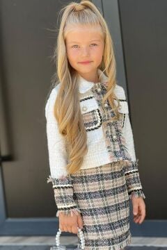 Kız Çocuk Önü Düğmeli Cep Detaylı Gömlek Ekose Desenli Kahverengi Etekli Takım  3-12 Yaş