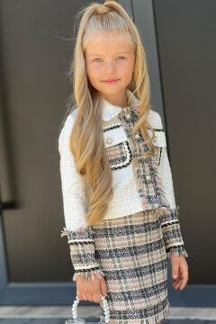 Kız Çocuk Önü Düğmeli Cep Detaylı Gömlek Ekose Desenli Kahverengi Etekli Takım  3-12 Yaş