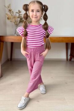 Kız Çocuk Yatay Çizgiler Kolsuz Omuzları Fırfırlı Bluz Pötikare Kumaş Pantolon Pembe Alt Üst Takım