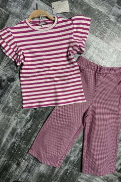 Kız Çocuk Yatay Çizgiler Kolsuz Omuzları Fırfırlı Bluz Pötikare Kumaş Pantolon Pembe Alt Üst Takım