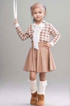 Kız Çocuk Yakadan Bağlamalı Gömlek Triko Hırka Kahverengi Deri Etekli Takım