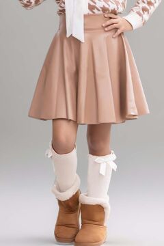 Kız Çocuk Yakadan Bağlamalı Gömlek Triko Hırka Kahverengi Deri Etekli Takım