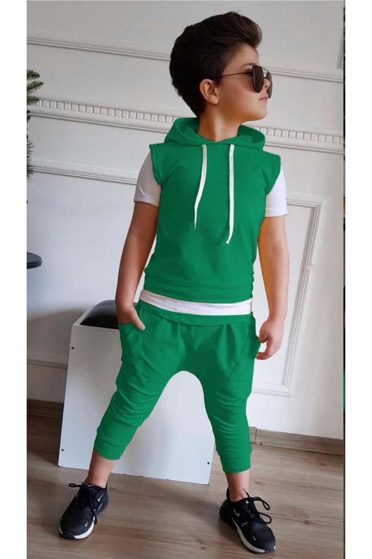 Erkek Çocuk Kapüşonlu Şerit Detaylı Kat Şerit Detaylı Sweatshirt Lastikli Yeşil Eşofman