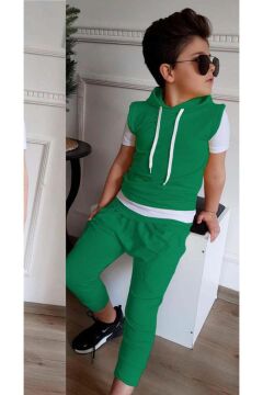 Erkek Çocuk Kapüşonlu Şerit Detaylı Kat Şerit Detaylı Sweatshirt Lastikli Yeşil Eşofman