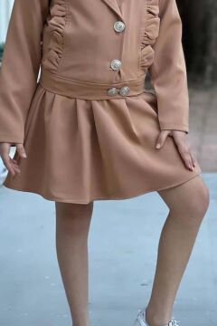 Kız Çocuk Gümüş Düğme ve Fırfır Detaylı Kahverengi Ceket Etekli Takım