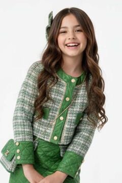 Kız Çocuk Kapitone ve Altın Şerit Detaylı Şanel Yeşil Etekli Takım