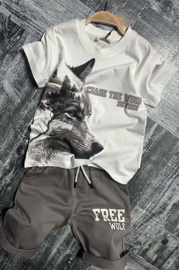 Erkek Çocuk Kurt Ve Free Wolf Yazı Baskılı Gri Şortlu Takım