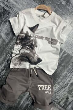 Erkek Çocuk Kurt Ve Free Wolf Yazı Baskılı Gri Şortlu Takım