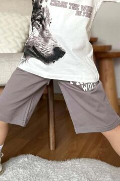 Erkek Çocuk Kurt Ve Free Wolf Yazı Baskılı Gri Şortlu Takım