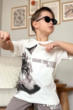 Erkek Çocuk Kurt Ve Free Wolf Yazı Baskılı Gri Şortlu Takım