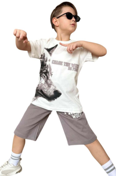 Erkek Çocuk Kurt Ve Free Wolf Yazı Baskılı Gri Şortlu Takım