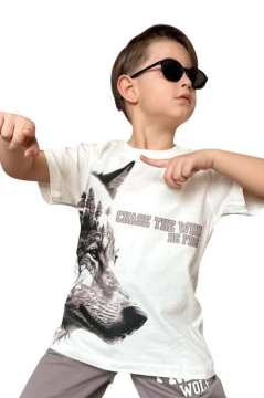 Erkek Çocuk Kurt Ve Free Wolf Yazı Baskılı Gri Şortlu Takım