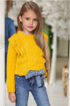 Kız Çocuk Fırfır ve Saç Örgü Detaylı Triko Bluz ve Jeans Pantolon Sarı ALt Üst takım