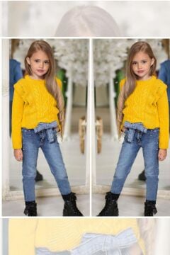 Kız Çocuk Fırfır ve Saç Örgü Detaylı Triko Bluz ve Jeans Pantolon Sarı ALt Üst takım