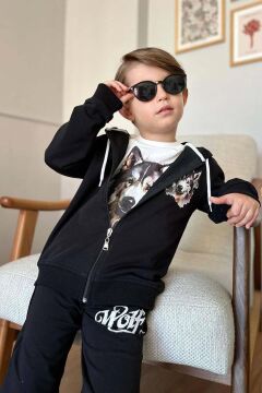 Erkek Çocuk Kurt Digital Baskılı Kazak Wolf Yazı Detaylı Kapüşonlu Siyah Ceket Eşofman Takım