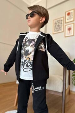 Erkek Çocuk Kurt Digital Baskılı Kazak Wolf Yazı Detaylı Kapüşonlu Siyah Ceket Eşofman Takım