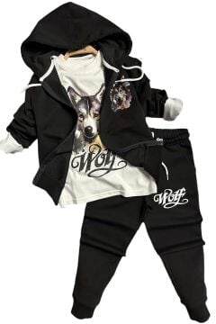 Erkek Çocuk Kurt Digital Baskılı Kazak Wolf Yazı Detaylı Kapüşonlu Siyah Ceket Eşofman Takım