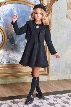 Kız Çocuk Bilekleri Tüylü Kare Desenli Hırka Göğsünde Elmas Taş Detaylı Kolsuz Siyah Chanel Elbise