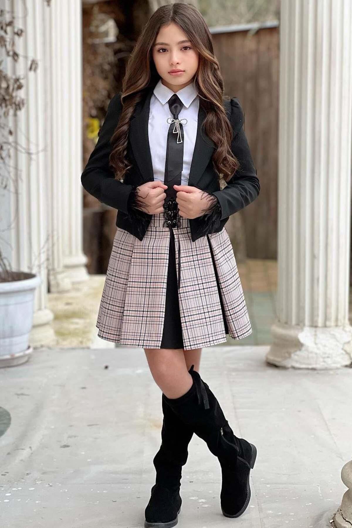 Kız Çocuk Blazer Ceket, Kravat Çizgili Siyah Etekli Takım