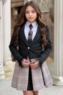 Kız Çocuk Blazer Ceket, Kravat Çizgili Siyah Etekli Takım