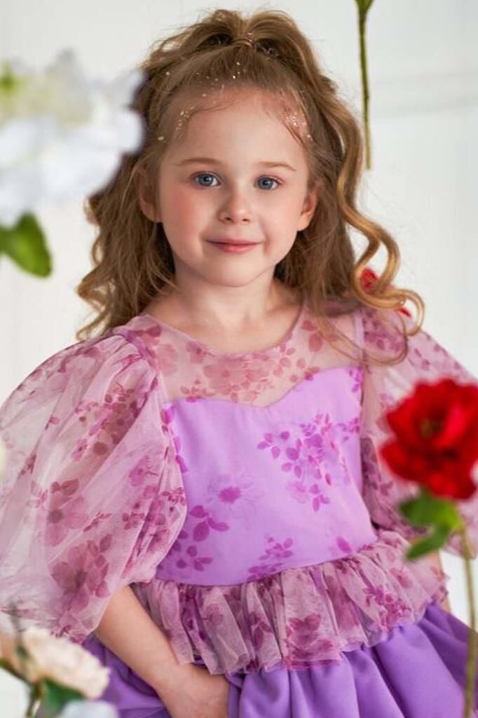 Kız Çocuk Çiçek Detaylı Katkat Fırfırlı Mor Abiye