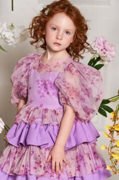 Kız Çocuk Çiçek Detaylı Katkat Fırfırlı Mor Abiye