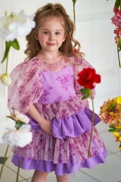 Kız Çocuk Çiçek Detaylı Katkat Fırfırlı Mor Abiye