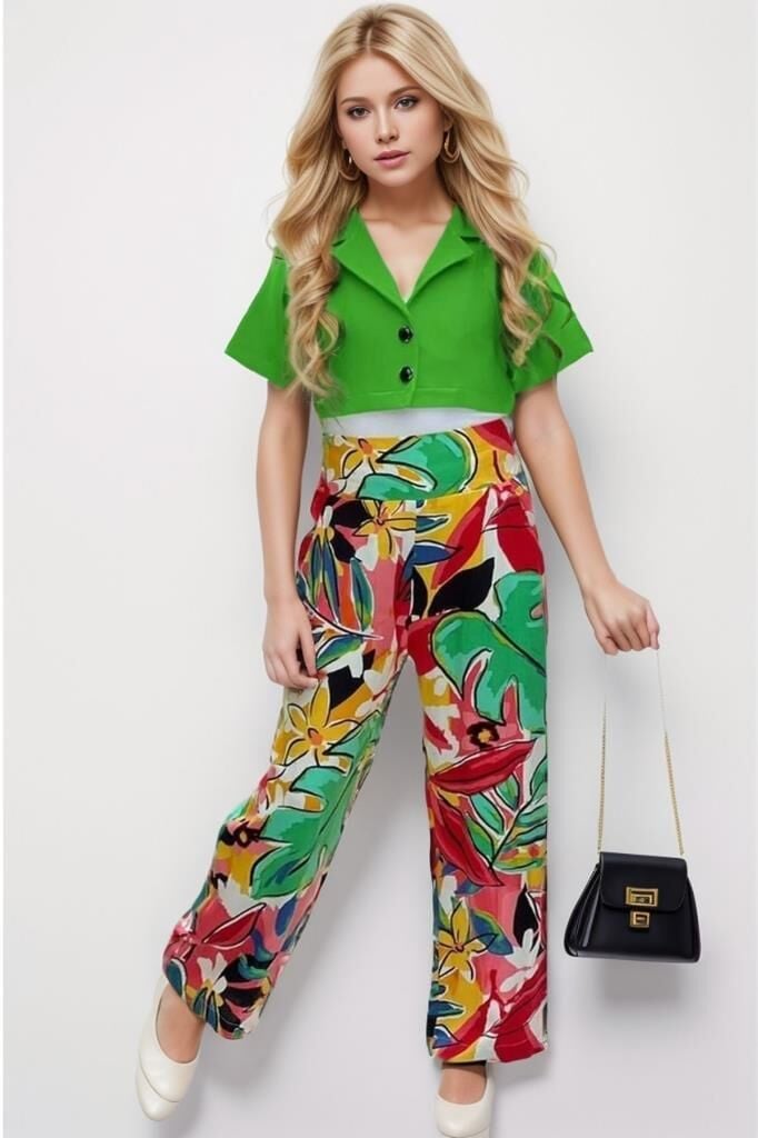 Kız Çocuk Kısa Kollu Blazer Ceketli Yaprak Desenli Yeşil Alt Üst Takım 4-14 Yaş