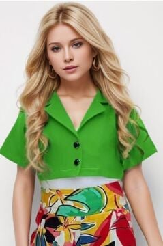 Kız Çocuk Kısa Kollu Blazer Ceketli Yaprak Desenli Yeşil Alt Üst Takım 4-14 Yaş