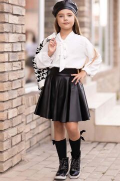 Kız Çocuk Yakadan Bağlamalı Gömlek Triko Hırka Siyah Deri Etekli Takım