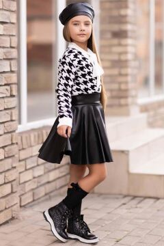 Kız Çocuk Yakadan Bağlamalı Gömlek Triko Hırka Siyah Deri Etekli Takım